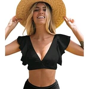 Sporlike Womens Ruffled Swimsuit Top, Removeable Padding, Black, XL